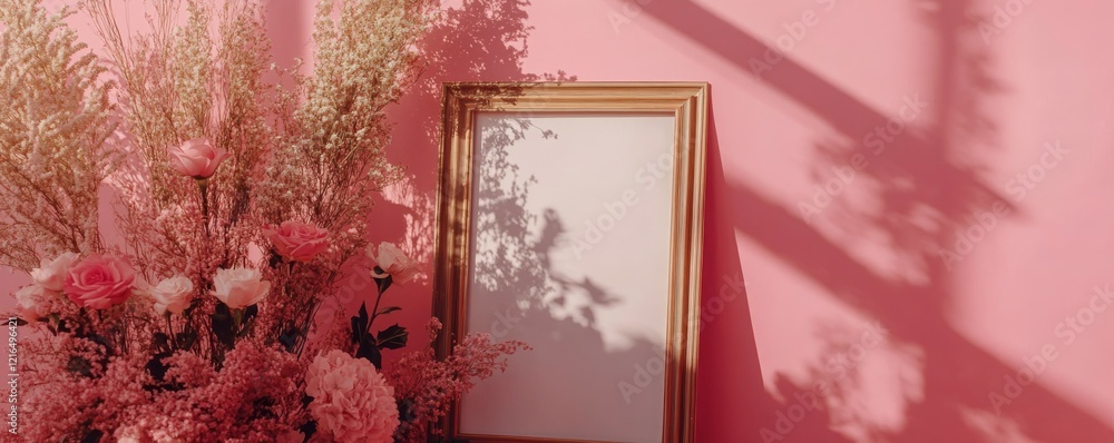 Poster decorative setup featuring flowers and an empty frame on a pink background for joyful occasions