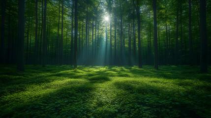 Obraz premium Sunbeams Illuminate Lush Green Forest Floor