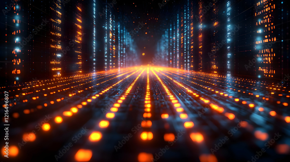 Poster abstract digital data stream with glowing orange and blue particles forming a pathway through a futu