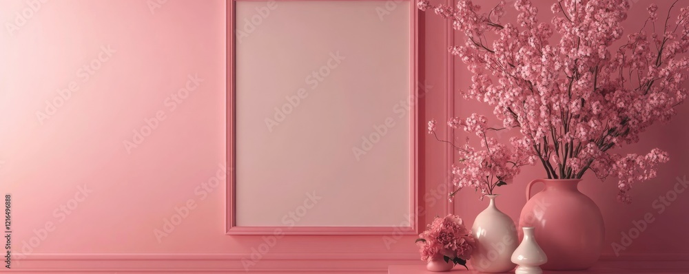 Aufkleber decorative setup featuring flowers and an empty frame on a pink background for joyful occasions