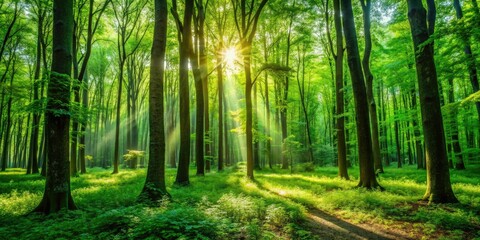 Obraz premium A lush green forest with tall trees and vibrant foliage, sunlight filtering through the leaves creates dappled patterns on the forest floor, dappled light, foliage, trees, greenery, environment