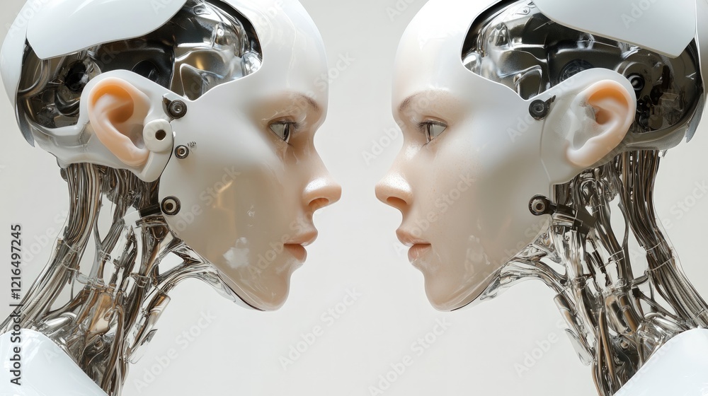 Poster two androids face to face: a futuristic depiction of artificial intelligence and human-like robots