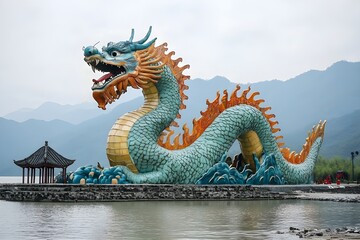 Fototapeta premium The magnificent dragon statue built by the lake