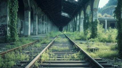 Overgrown with lush greenery, the crumbling structure railway station.