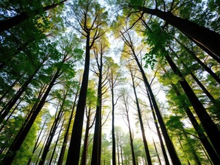 Naklejka premium A majestic forest with tall trees stretching towards the sky, their leaves rustling in the gentle breeze, sunlight filtering, serene atmosphere