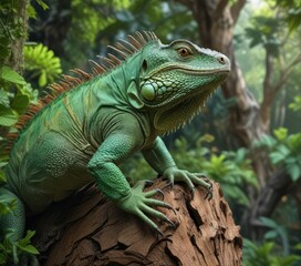 Fototapeta premium A majestic green iguana climbing up a vine-covered tree trunk, climbing behavior, lush vegetation, arboreal