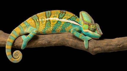 Naklejka premium Chameleon Clinging to Branch Highlighting Its Unique Zygodactylous Feet and Vibrant Coloration in a Natural Setting