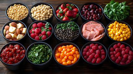 Colorful Assortment of Fresh and Healthy Food Ingredients in Bowls