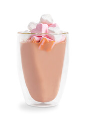 Homemade sweet hot chocolate or cocoa drink decorated with pink heart shaped chewy marshmallow dessert snack served in glass mug or cup isolated on white background for celebration of valentines day