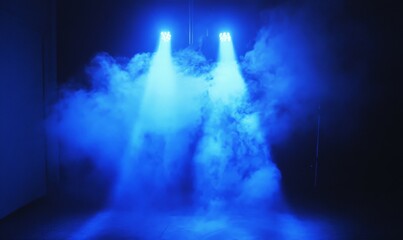 description: The searchlight beams of blue light through theatrical smoke