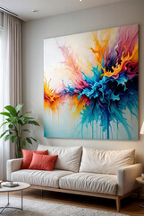 An apartment wall with a large, almost finished abstract painting with a sofa	
