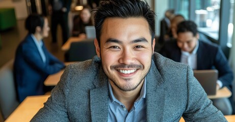 A businessman in a meeting, using a laptop and portrait, focuses on research, proposal, and planning for a finance job. An office accountant or online bookkeeper manages company revenue, growth, and