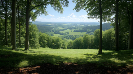 Obraz premium Serene Summer Landscape: Panoramic View of Rolling Green Hills and Lush Forest from an Elevated Point