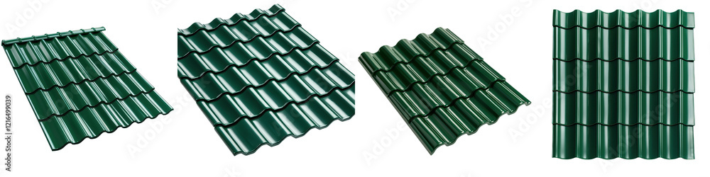 Poster a close up view of overlapping green corrugated metal roofing panels creating a repetitive geometric