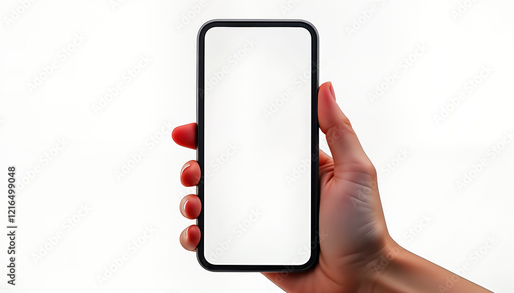 Poster hand holding smartphone. blank screen. modern tech illustration. isolated on transparent background.