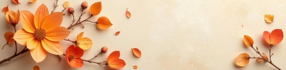 Fototapeta premium delicate petals in muted orange tones on beige canvas, dried blooms, floral wreath, fall theme