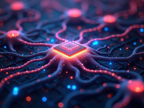 Exploration of neuromorphic computing technology showcasing interconnected neural networks and chip design in a vibrant digital landscape