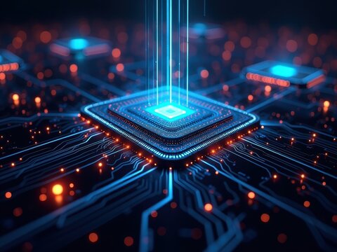 Exploring neuromorphic computing technology with interconnected circuits and glowing nodes illuminating the future of artificial intelligence