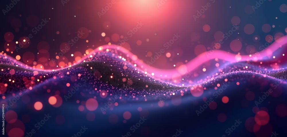 Poster Abstract digital wave design with glowing particles. Colorful particles, lines create dynamic pattern. Soft shades of blue purple red, gold used. Bokeh lights add depth. Modern, tech design. Suitable