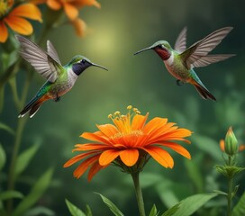 Obraz premium A moth landing on a bright orange flower next to a green hummingbird, bird and insect coexistence, colorful plants, tiny creatures