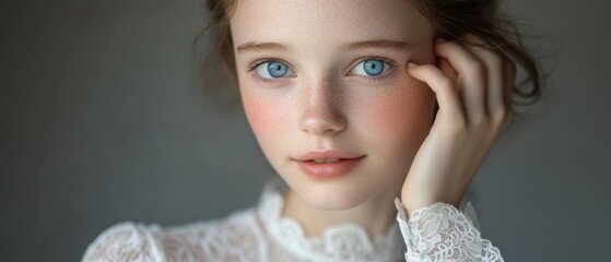 portrait of a young girl with blue eyes and freckles