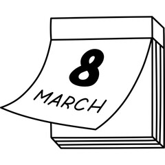 Lovely outline calendar page with date 8 of March as symbol of International Women Day. Hand drawn daily calendar doodle for poster, design, social media for female holiday of equality.
