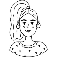 Cute line doodle portrait of young smiling girl with ponytail hairstyle, earrings, naive shirt with hearts. Hand drawn woman avatar for media, design, poster. Female character isolated on white.