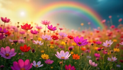 Obraz premium Colorful cosmos flowers bloom in field under vibrant rainbow. Sunlight shines through clouds creating picturesque scene. Summer vibes. Nature scene. Perfect for home decor. Floral background.