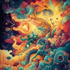 Abstract Cosmic Dreamscape With Whimsical Creatures