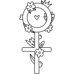 Lovely scribble gender women symbol in spring flowers and leaves for International Womens Day. Cute hand drawn feminine sign for advertisement, media, flyer to celebrate women solidarity and freedom.