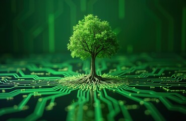 Green tree grows from circuit board. Eco tech concept. Sustainable future. Environmentally friendly innovation. Renewable energy, responsible tech. Future green, digital. Conceptual image for green