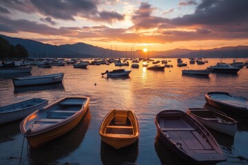 serene sunset over a tranquil harbor filled with boats