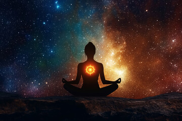 Silhouette of a young girl doing yoga, sitting in lotus position (Padmasana) with a glowing chakra against the background of galaxy space with stars. 