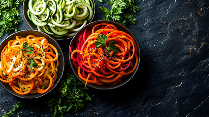 Vibrant Spiralized Vegetable Noodles in Bowls, Healthy and Colorful Food Photography