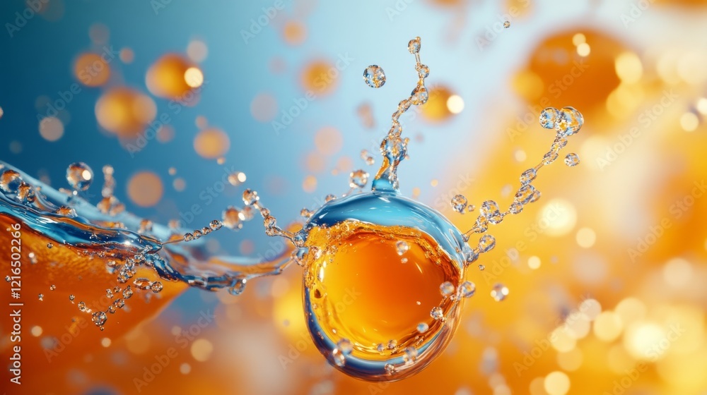Poster abstract 3d illustration of orange and blue particles and fluid interactions, creating a dynamic flo