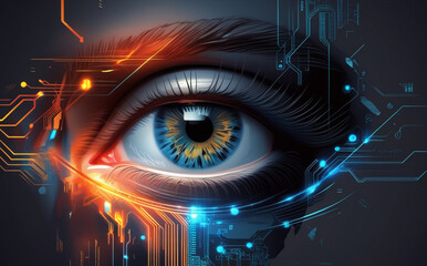 A close-up of the human eye is surrounded by digital graphics and blue light patterns, creating a futuristic and technological feel. Intricate details of the eye aid in identification. AI generated.
