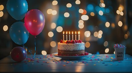 A celebration cake with five lit candles sits in the foreground,