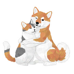 抱き合う柴犬と三毛猫の手書きイラスト