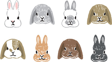 様々な模様のうさぎの顔の手書きアイコンイラストセット © kayo