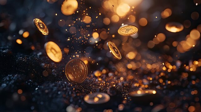 A dynamic scene featuring golden coins falling through the air,