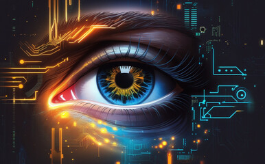 A close-up of the human eye is surrounded by digital graphics and blue light patterns, creating a futuristic and technological feel. Intricate details of the eye aid in identification. AI generated.