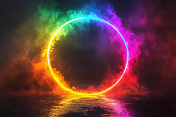 Neon rainbow circle frame on a dark background.