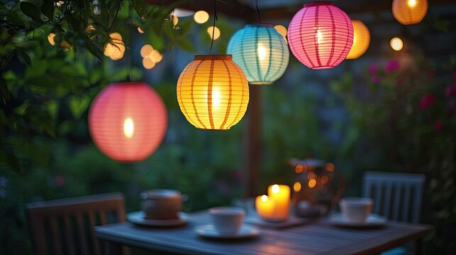 A cozy outdoor dining area illuminated by colorful paper lanterns in shades of orange,