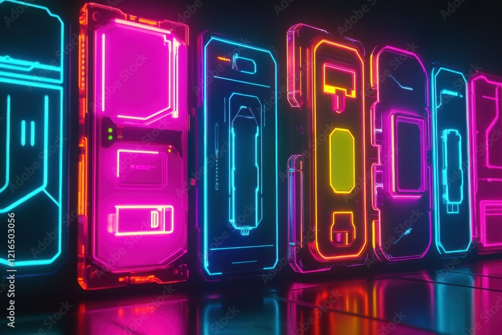 Poster neon glowing phone cases arranged in a vibrant display at a tech event