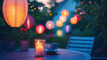 A cozy outdoor dining area illuminated by colorful paper lanterns in shades of orange, © ssnn