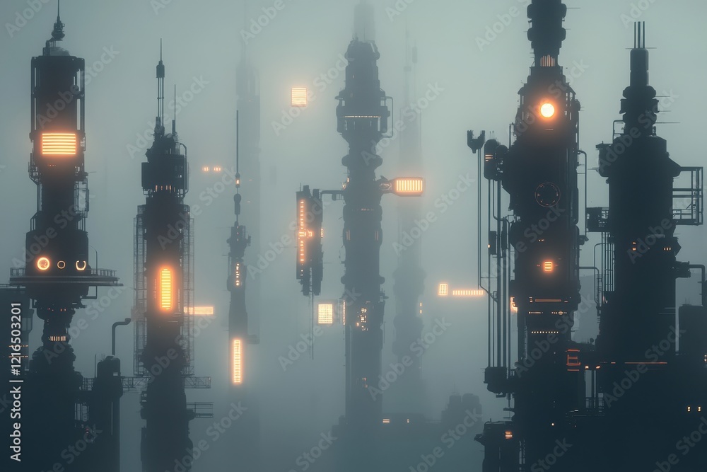 Poster futuristic industrial complex with towering structures in a dense fog at dusk