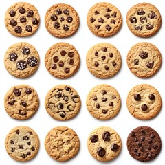 Delicious chocolate chip cookies, arranged on white background, perfect for baking blogs or recipe websites