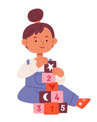 Cute little girl playing colorful brick block toys.