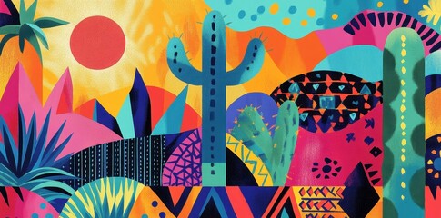 Vibrant Abstract Desert Landscape Featuring Cacti and Sun