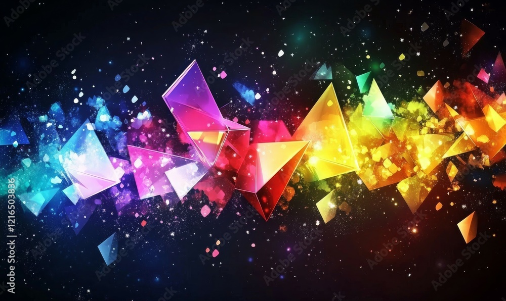 Poster dynamic abstract composition of vibrant, multicolored triangular shapes and prisms scattered across 